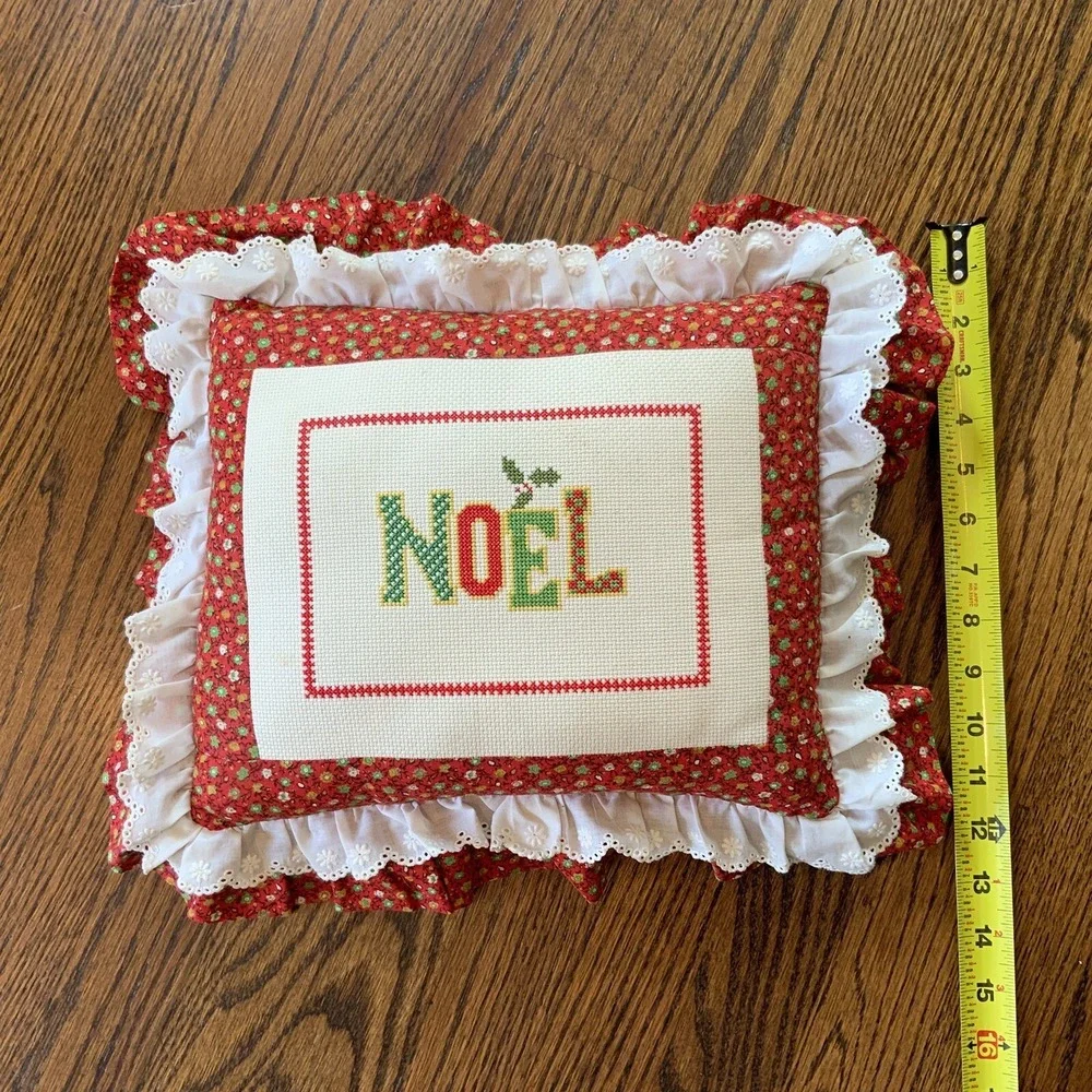 NOEL‎ Small Christmas Pillow Needlepoint Holiday Hand Made Cottage Core Prairie